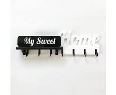 Appendichiavi da parete in plexiglass con scritta intagliata “My Sweet Home” - Portachiavi a parete bianco - Arredo moderno per porta dingresso, cucina, garage ecc… - 7 ganci (Bianco-Nero)
