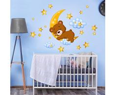 R00447 Adesivi Murali Bambino Ecologici e Anallergici Soffice Effetto Tessuto Riposizionabile Orsetto sulla Luna Sogni Doro Decorazione Muro Neonato Cameretta Asilo Nido Carta da Parati Adesiva