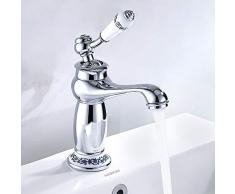 Miscelatore Lavabo e Bidet Rubinetto Lavabo Bagno Vintage in Ottone Cromato Rubinetto Monocomando in Ceramica Floreale Elegante (Basso, Argento)