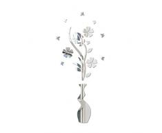 Adesivo da Parete in Acrilico 3D Adesivo Specchio Fiore e Vaso Adesivo Ecologico per Camera da Letto Salotto Arredo Bagno (Argento)