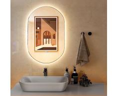 COSTWAY Specchio LED da Bagno 80x50 cm, Specchio da Parete Ovale con Pulsanti Touch, 3 Colori, Antiesplosione Antiappannamento e Funzione Memoria