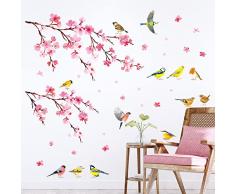DECOWALL DC-19343 - Adesivi da parete con fiori di ciliegio, 13 uccelli da giardino con rami di Sakura Decalcomanie floreali, decorazioni rimovibili, poster camera da letto, soggiorno