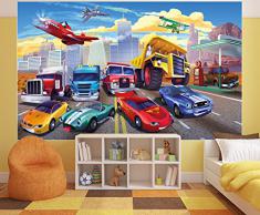 FOTOMURALE cameretta dei bambini-tappezzeria da parete Cars Planes - automobili aerei-race le auto da corsa - stanzetta dei ragazzi decorazione da parete automobili- escavatore vigili del fuoco bambini motivo by GREAT ART (210 x 140 cm
