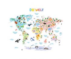 DECOWALL DLT-1615DE Tedesco Mappa del Mondo Animali (Extra Grande) Adesivi da Parete Decorazioni Stickers Murali Soggiorno Asilo Nido Camera Letto per Bambini decalcomanie