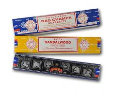 Set di incenso aromico x 3 | Satya SuperHit + Nag Champa + Sandalo | Incenso naturale Aromaterapia | Bastoncini di incenso | 3 scatole da 15 g.