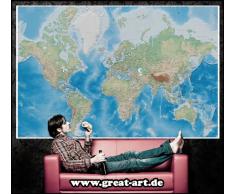 Poster Mappamondo – Decorazioni pareti Proiezione di Miller con design plastico in rilievo Terra Atlante Globo Mappa GeografiaI | Foto Murale Immagine Poster da parete by GREAT ART (140 x 100 cm)