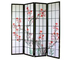 PEGANE Paravento in Legno con Fiori di Ciliegia Nero di 4 Pannelli