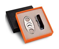 CIGARLOONG Tagliasigari e Set accendisigari a Doppia Lama Semplice ghigliottina per sigari e 3 torce a Getto Blu Accendino Ricaricabile(Nero)