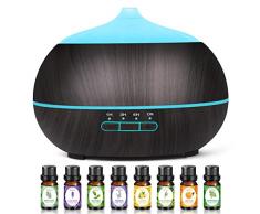 Diffusore di Oli Essenziali Umidificatore Ultrasuoni: 500ML Diffusore di Aromi con 8x10ml Oli Essenziali - Diffusore Ambienti Legno con 7 Colori LED per Casa Ufficio Yoga - Nero