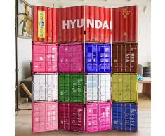 BAKAJI Paravento Separè 4 Pannelli Struttura in Legno Rivestimento in Tela con Stampa Fronte Retro Hyundai Container Divisorio Richiudibile Pieghevole Dimensione 180 x 160 cm Design Moderno …