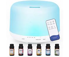 TENEVEAMO 500ml Diffusore di Oli Essenziali, Senza BPA Umidificatore ad Ultrasuoni con Telecomando e 6 * 10ml Olio Essenziale - Spegnimento Automatico Senza Acqua