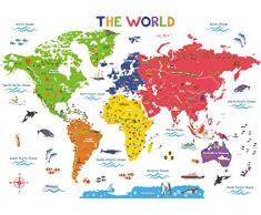DECOWALL DLT-2212 Mappamondo Adesivo Murale Asilo Nido Adesivo Murale Decorazioni per la Casa Art Viaggi Camera dei Ragazzi Bambino 3D Legno Internazionale Colore Poster Asilo Nido