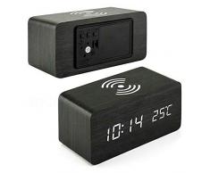 ALLOMN Sveglia, Orologio Digitale da Tavolo in Legno con Controllo Vocale, Ricarica Senza Fili, Luminosità a 3 Livelli, Visualizzazione Ora/Data/umidità/Temperatura, 3 di Allarme (Nero)