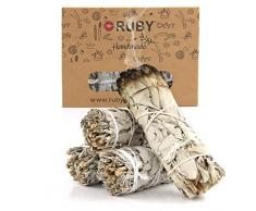 RUBY 4 mazzetti Salvia Bianca Sciamanica, Incenso Salvia Bianca da Bruciare, Sage Incensi e Smudge Kit, Smudge Salvia Bianca per Purificare Kit Naturale California