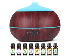 Diffusore di Oli Essenziali Umidificatore Ultrasuoni: 500ML Diffusore di Aromi con 8x10ml Oli Essenziali - Elettrico Diffusore Ambienti Legno per Aromaterapia con Olio Aromatico per Casa Ufficio Yoga