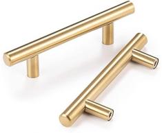 MARGUERASW Set di 10 maniglie mobili dorate maniglia mobile in ottone manico dorato - maniglie a T in ottone spazzolato maniglia armadio cucina dorata in acciaio inox interasse 64 mm