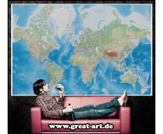 Mappa del mondo FOTOMURALE -rilievo mappa quadro- XXL mappe del mondo Miller projection-tappezzeria da parete /decorazione da parete 336 cm x 238 cm