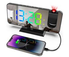 TaDool Sveglia a proiezione, orologio digitale con rotazione di 180°, orologio da comodino con LED RGB a colori da 7.5, sveglia Snooze, sveglia 12/24H per camera da letto (nero)