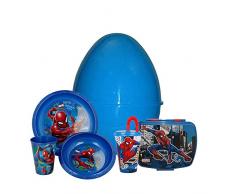 Uovo di Pasqua Sorpresa Gigante per Bambino SPIDERMAN UOMO RAGNO h. 40cm Diametro Set stoviglie e posate MELAMINA per bambini porta pranzo infrangibile resistente PASQUALONE kit pappa piatti AZZURRO