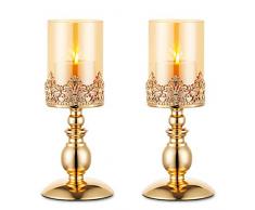 Portacandele A Colonna con Vetro, Set di 2 Portacandele in Uragano Oro Regali per Decorazione della Casa, Portacandele A Lume di Candela Centrotavola Anniversario Matrimonio, Dimensioni Piccole
