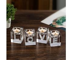 Sziqiqi Portacandele in Cristallo da 4 Pezzi, Portalumini in Vetro Trasparente Candelieri per la Decorazione Domestica Ornamento da Tavola a Lume di Candela, Love