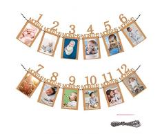 CZ Store® Ghirlanda di Compleanno 12 Mesi ✮Garanzia a Vita✮ Festone Primo Compleanno Bimbo -Bandierine 12 Cartoncini di Carta per Foto Mensili, Filo e Ago Inclusi - Addobbi e Forniture per Feste