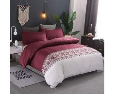 Parure Copripiumino Matrimoniale 230 x 260 cm con 2 Federe, Set di 3 Pezzi Biancheria da Letto, Etnico e Fiori Stampa Design Orientale, Tinta Unita Regalo Natale - Super King Size, Rosso