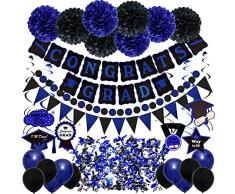 Zerodeco Decorazioni per Laurea, Striscione Nero e Blu Pompon di Carta da Appendere a ventaglio vortici di Laurea coriandoli Ghirlanda di Carta Palloncini per Feste di Laurea Forniture