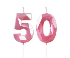 Yiran Candele di compleanno, Candele con numeri da 5cm, Candela numero 50, Candele in rosa, 3D forma di diamante, Candele di compleanno per torta, Candele per torte, decorazioni per feste (Numero 50)