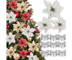 (48 Pcs)24 Fiori Artificiali Natale Fiori Artificiali per Alberi di Natale con Glitter Fiori di Stelle Natalizie Poinsettia Glitterate Argento 24 Fiocchi Archi di Decoracioni Ornamenti Addobbi Natale