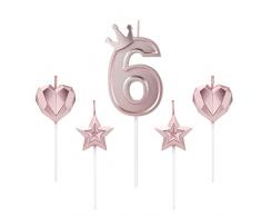 TOYMIS 1 Set di 7,6 cm Candele di Compleanno, tra Cui 1 Candela con Numero Principale della Torta della Corona, 2 Candele a Stella e 2 Candele a Cuore per Compleanni, Anniversari, Feste (Oro Rosa, 6)