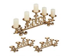 3x Portacandele Antico, a 5 Bracci Candelabro, Shabby Chic, Vintage, HxLxP: 20 x 59 x 9,5 cm, Dorato