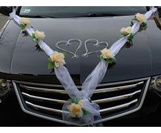 Autoschmuck Decorazioni per Macchina Nastro in Organza + Cuori Ornamentali, per sposi, Matrimoni, Motivo: Rose, Decorazioni per Auto, Rattan (Limone, Bianco)