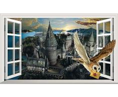 Chicbanners Adesivo da parete V444, finestra tridimensionale del castello di Hogwarts di Harry Potter con gufo, poster, decorazione murale, dimensioni 100 cm di larghezza x 60 cm di altezza (L)