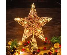 LAWOHO - Puntale per albero di Natale, 25,4 cm, motivo a forma di stella con albero di Natale, a batteria, con timer e 10 LED, decorazione per Natale, casa, interni