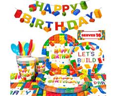 Blocchi di Costruzione Stoviglie per Feste,133pcs Building Block Decorazione per Feste Set-Building Block Banner di Compleanno,Piatti Tazze Tovaglioli Tovaglie etc Stoviglie per Feste di Compleanno