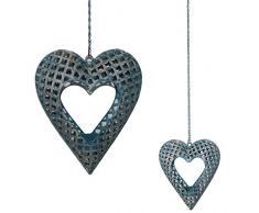Grande portacandela lumino da appendere in metallo intagliato a forma di cuore Blu antico
