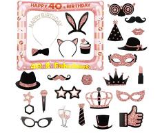 hocadon 25 Pezzi 40 Anni di Compleanno Donna Puntelli con Cornice per Foto Compleanno 40, Photo Booth Compleanno Accessori per Addobbi Festa Compleanno 40 Anni Donna