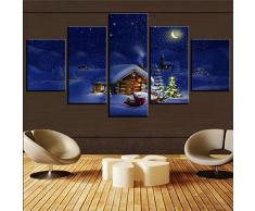 XXQBH 200 * 100 CM capanna hristmas/Babbo Natale HD Immagine di Stampa di Alta qualità della Tela di Canapa Pittura Decorativa Domestica Quadro Modulare 5 Pannello Paesaggio Poster