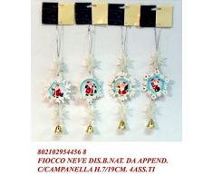 Idea natale: decorazione natalizia pendente fiocco di neve con babbo natale e campanella dorata set 4 pezzi