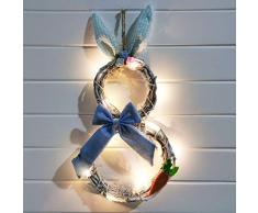 HanOBC - Ghirlanda pasquale per porta dingresso, con luci a LED, funzionamento a batteria, 19 x 10 cm, motivo: coniglietto pasquale