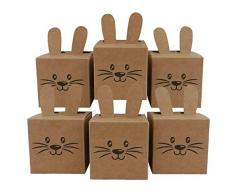 Papierdrachen 12 scatole Coniglietti pasquali con Orecchie, Pompon e musetto Stampato - 7cm x 7cm - Marrone Naturale - Cestino Pasquale per Bambini