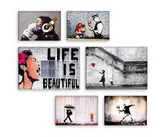 Degona Quadri Moderni BANKSY Set Composto da 6 pz. (2 pz. cm 40x30 + 4 pz. cm 30x20) Stampa su Tela CANVAS Arredamento Arte Astratto XXL Arredo per soggiorno salotto camera da letto cucina ufficio