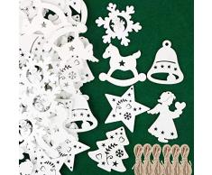 48pz Ciondoli in Legno per Albero di Natale Appesso Decorazioni Natalizie Addobbi Natalizi Ornamenti Feste Angelo Stella Fiocco di Neve Campana Cavallo Bianco
