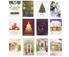 Auguri Natalizio Carte, Collassabile 24pcs Cartoline Di Natale Con Buste e carta da lettere e Adesivi set,Biglietto natalizio realizzato a mano, Biglietto Auguri Busta Regalo con Polvere doro Glitter