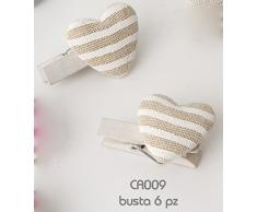 6 PEZZI MOLLETTE CUORE JUTA SEGNAPOSTO CHIUDIPACCO DECORAZIONE BOMBONIERE BATTESIMO MATRIMONIO (RIGATO BEIGE)