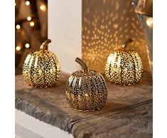 Lights4fun Set di 3 Zucche Decorative di Halloween in Vetro Ottone Chiazzato con LED Bianchi Caldi a Pile per Interni