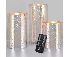 M Mirrowing Candele senza fiamma, supporto in vetro mercurio argento, candela decorativa a LED, cera reale, tremolante realistico, telecomando, timer, candele a batteria (argento) …