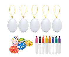 colmanda Uova di Pasqua Decorate, 50 Pezzi Uova di Pasqua Colorate da Appendere, Pittura di Artigianato Fai da Te di Pasqua, Bianco Uova Pasquali con La Corda, Ideale per Pasqua (Decorate)
