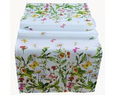 Raebel - Runner da tavola, tovaglia centrotavola, 40 x 140 cm, decorazione da tavola per Pasqua e per la primavera, bianca e colorata con fiori e farfalle